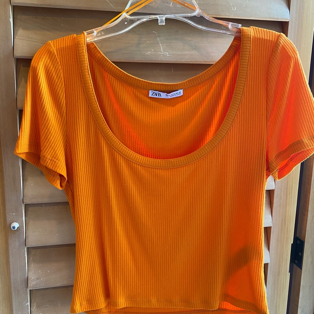 Zara Neon Orange Scoop Neck Crop Top